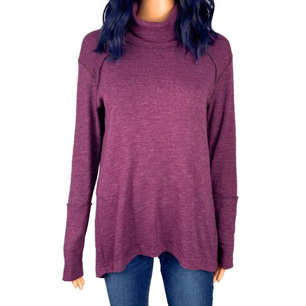 We The Free People Maroon Thermal Tunic Top Split Back Sweater Small - Picture 2 of 6
